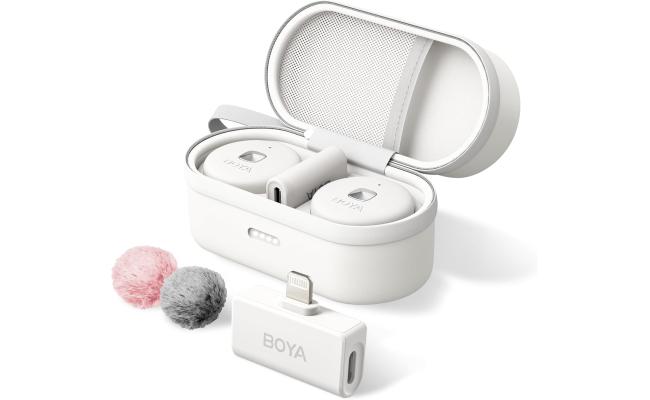 BOYA Omic-D Wireless Lavalier Microphone for iPhone MFi Certified, Noise Cancelling Lapel Mic Wireless with Magnetic Clip iPhone Microphone for Video Recording YouTube Vlog - White